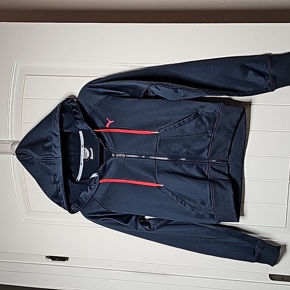 Puma Training XS navy blue zip up hoodie, neon pink/orange accents - Picture 1 of 15